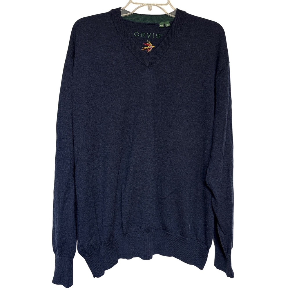 Orvis Mens Navy Blue V Neck Sweater Fly Fishing Logo Merino Wool XXL‎